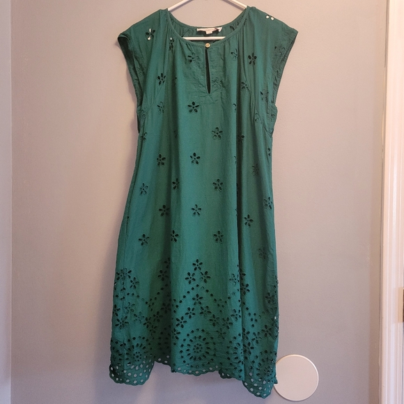 LOFT Green Eyelet Cotton Dress Medium Short Sleeve Cottagecore Summer Style - Picture 2 of 6